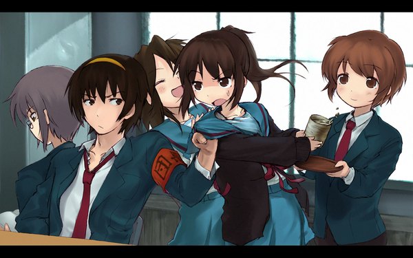 Anime-Bild 1920x1200 mit suzumiya haruhi no yuutsu kyoto animation suzumiya haruhi nagato yuki asahina mikuru kyon koizumi itsuki kyonko highres wide image girl negy