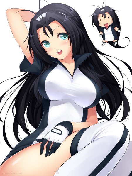 Anime picture 900x1200 with original atomix long hair tall image blush open mouth black hair simple background smile white background green eyes ahoge chibi dual persona . . girl thighhighs gloves uniform gym uniform