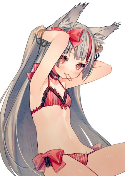 Anime picture 1000x1412 with azur lane kamikaze (azur lane) shirako sei single long hair tall image looking at viewer blush fringe light erotic simple background white background holding brown eyes animal ears ponytail red hair blunt bangs multicolored hair grey hair