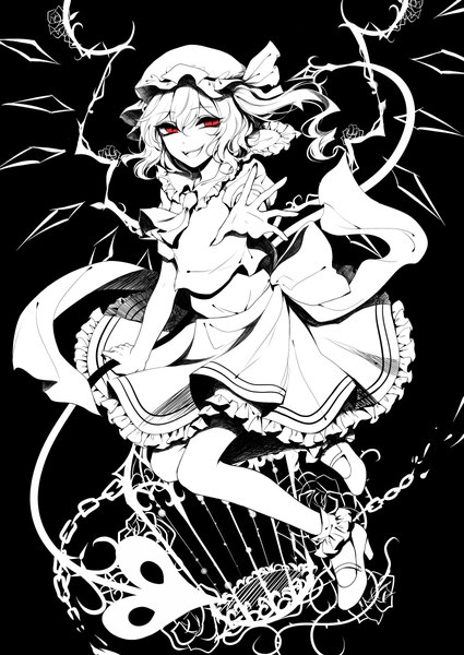 Anime picture 1700x2400 with touhou flandre scarlet sheya single tall image looking at viewer fringe short hair open mouth smile hair between eyes red eyes holding full body :d short sleeves puffy sleeves one side up floating hair outstretched arm