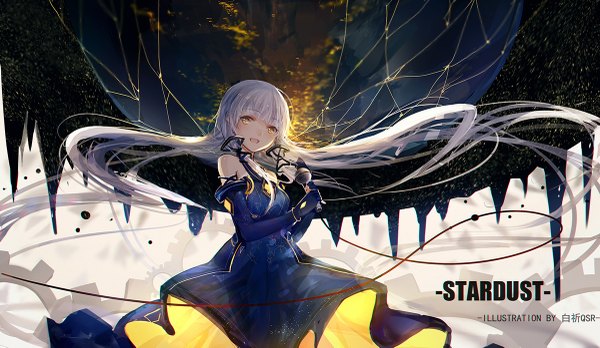 Anime picture 1200x697 with vocaloid xingchen bai qi-qsr single looking at viewer fringe open mouth smile wide image bare shoulders holding signed yellow eyes payot silver hair ahoge very long hair head tilt wind night