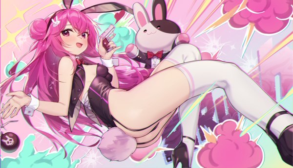 Anime picture 5512x3150 with virtual youtuber indie virtual youtuber zrush shennai misha single long hair looking at viewer blush fringe highres open mouth light erotic smile hair between eyes wide image holding animal ears pink hair absurdres bent knee (knees)