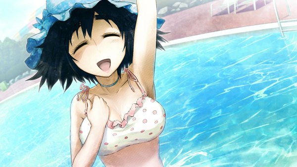 Anime picture 1280x720 with steins;gate white fox shiina mayuri huke single short hair open mouth black hair wide image game cg eyes closed happy girl swimsuit water bonnet