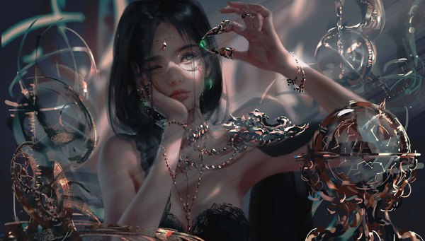 Anime picture 8800x5000 with ghost blade aeolian wlop single long hair highres black hair wide image bare shoulders holding green eyes looking away absurdres cleavage upper body indoors braid (braids) one eye closed lips realistic