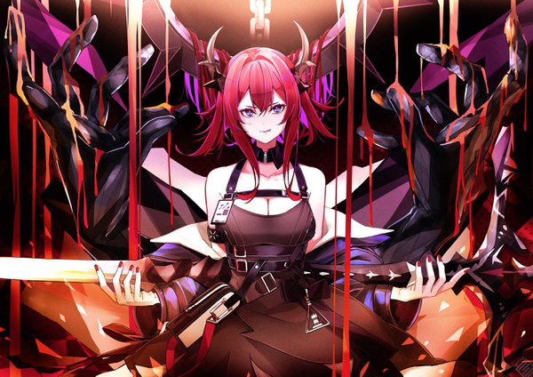 Anime-Bild 3000x2121 mit arknights surtr (arknights) cno single long hair looking at viewer fringe highres breasts hair between eyes standing purple eyes bare shoulders holding payot cleavage red hair nail polish multicolored hair horn (horns)