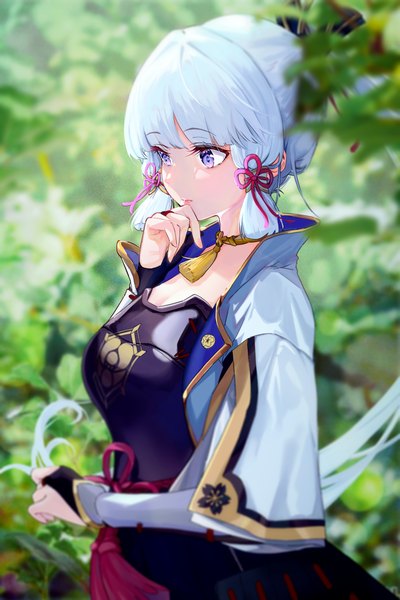 Anime picture 1675x2513 with genshin impact kamisato ayaka eggs zero single long hair tall image fringe blue eyes standing payot looking away outdoors ponytail blunt bangs traditional clothes japanese clothes blurry aqua hair hand to mouth tress ribbon