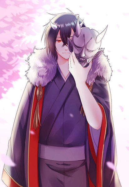 Anime picture 1251x1818 with kakuriyo no yadomeshi gonzo oodanna alex305000 single tall image looking at viewer fringe short hair black hair hair between eyes red eyes traditional clothes japanese clothes horn (horns) fur trim cherry blossoms boy petals kimono