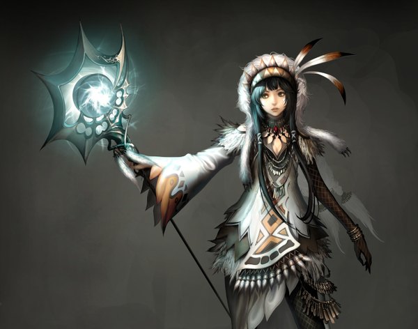 Anime picture 3000x2363 with atlantica online single long hair fringe highres black hair simple background standing holding looking away wide sleeves magic fantasy glow girl bracelet fur feather (feathers) staff native american headdress