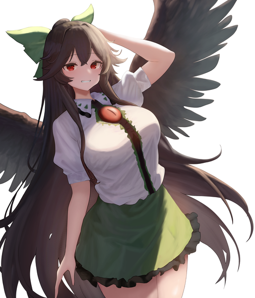Anime picture 2400x2800 with touhou reiuji utsuho moriforest1040 single tall image looking at viewer fringe highres black hair simple background smile hair between eyes red eyes white background very long hair grin arm behind head black wings girl skirt