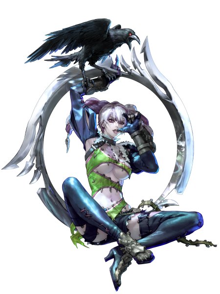 Anime picture 1799x2400 with soulcalibur soulcalibur v tira (soulcalibur) kawano takuji single long hair tall image looking at viewer highres breasts open mouth light erotic simple background large breasts white background sitting purple hair white hair pink eyes multicolored hair