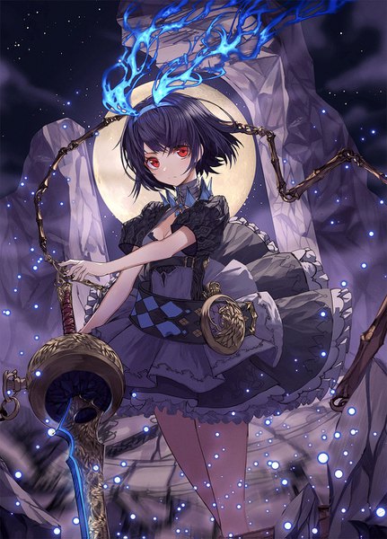 Anime picture 1000x1391 with sinoalice alice (sinoalice) lo-ta single tall image looking at viewer short hair black hair red eyes cleavage puffy sleeves glowing girl dress weapon sword moon headband full moon