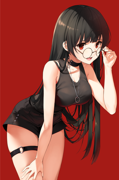 Anime picture 2444x3711 with original star741 single long hair tall image looking at viewer fringe highres breasts open mouth black hair simple background smile red eyes standing bare shoulders blunt bangs :d leaning leaning forward