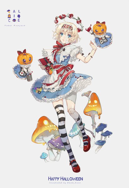 Anime picture 1421x2066 with touhou alice margatroid shanghai ekita xuan tall image looking at viewer short hair open mouth blue eyes blonde hair holding full body short sleeves puffy sleeves copyright name character names torn clothes halloween blood on face happy halloween