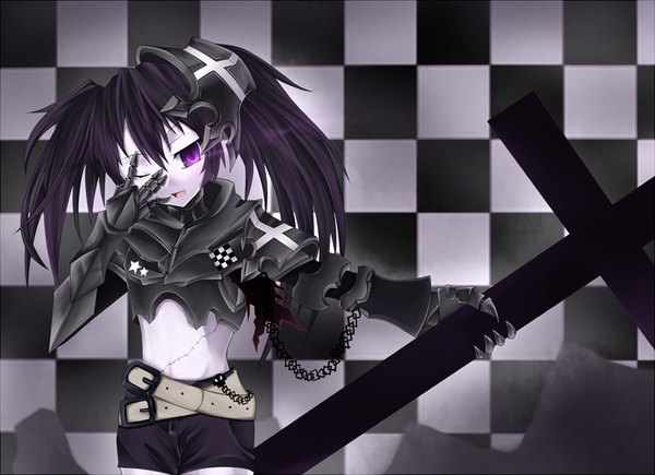 Anime picture 1013x735 with black rock shooter insane black rock shooter single long hair open mouth black hair twintails purple eyes one eye closed wink glowing glowing eye (eyes) girl shorts belt armor chain bikini top