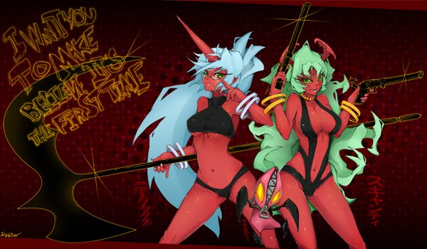 Anime picture 1280x747 with panty & stocking with garterbelt kneesocks (character) scanty long hair light erotic wide image multiple girls green eyes blue hair horn (horns) green hair midriff red background red skin girl navel weapon 2 girls animal wings