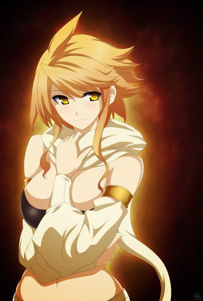 Anime picture 1850x2732 with akame ga kill! white fox leone (akame ga kill!) von-cx (van-dinex) single long hair tall image highres light erotic blonde hair smile yellow eyes bare belly midriff coloring girl navel detached sleeves