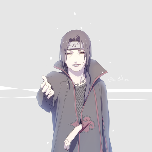 Anime picture 2000x2000 with naruto studio pierrot naruto (series) uchiha itachi omochi daifuku single long hair looking at viewer highres black hair simple background black eyes grey background low ponytail outstretched hand akatsuki boy cloak forehead protector
