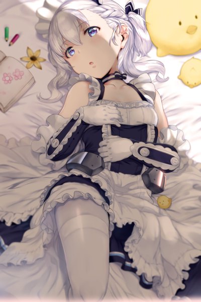 Anime picture 4000x6000 with azur lane manjuu (azur lane) belfast (azur lane) little bel (azur lane) hews single tall image blush fringe highres short hair open mouth blue eyes light erotic hair between eyes looking away absurdres cleavage silver hair lying