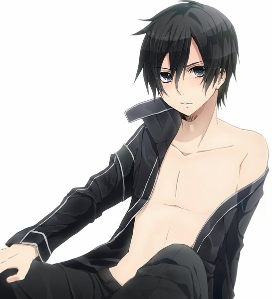 Anime picture 1000x1101 with sword art online a-1 pictures kirigaya kazuto single tall image looking at viewer fringe short hair blue eyes light erotic black hair simple background white background off shoulder open clothes boy