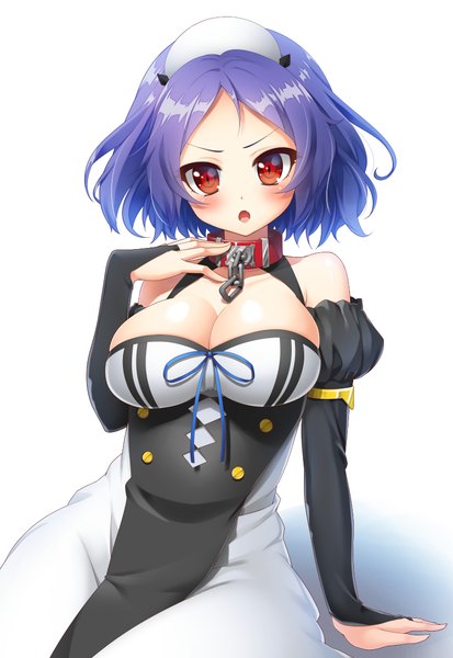 Anime picture 800x1160 with owari no seraph wit studio chess belle pochadon single tall image blush short hair breasts open mouth light erotic simple background red eyes white background blue hair cleavage girl dress