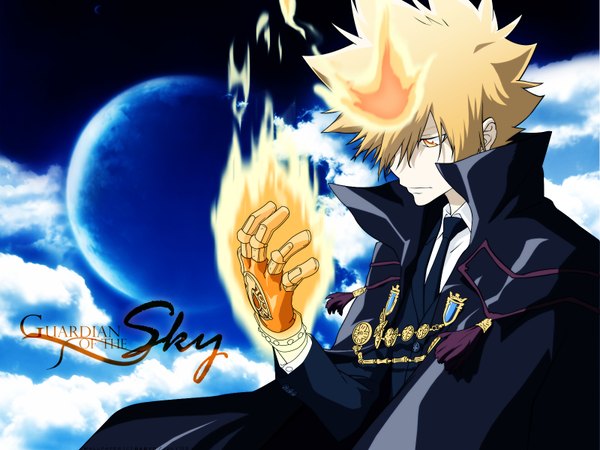 Anime picture 1600x1200 with katekyou hitman reborn vongola primo giotto cloud (clouds) night orange eyes boy gloves necktie moon jewelry fire