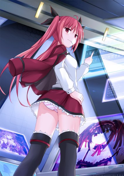 Anime picture 900x1274 with date a live itsuka kotori mmrailgun single long hair tall image looking at viewer light erotic red eyes twintails red hair from below pointing girl skirt uniform underwear panties ribbon (ribbons) hair ribbon