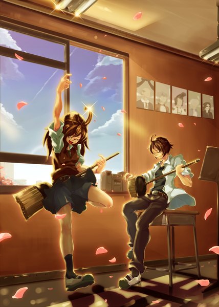 Anime picture 1500x2102 with original inz (pixiv) tall image open mouth brown hair ahoge jumping classroom boy skirt petals glasses window pants vest broom picture