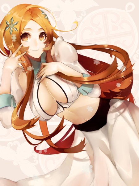 Anime picture 1050x1400 with bleach studio pierrot inoue orihime persona92 (orichie) single long hair tall image looking at viewer breasts light erotic smile ahoge orange hair no bra bare belly orange eyes girl navel hair ornament flower (flowers)