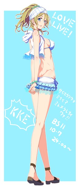 Anime picture 800x1900 with love live! school idol project sunrise (studio) love live! ayase eli clearite single tall image looking at viewer short hair blue eyes light erotic blonde hair ponytail copyright name border hands behind back outside border girl swimsuit bikini