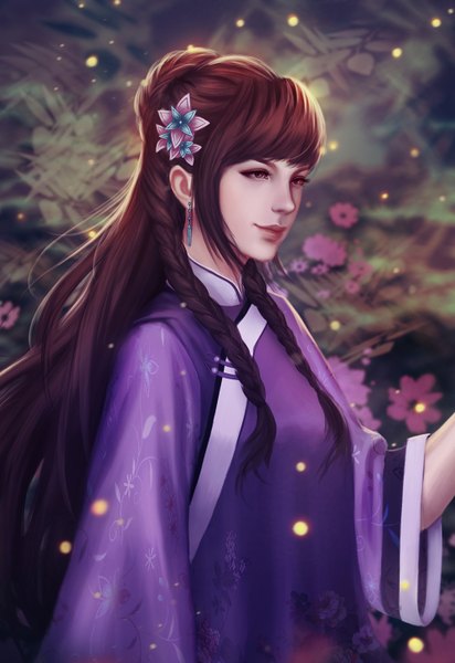 Anime picture 1000x1454 with original naranavy single long hair tall image fringe smile brown hair brown eyes looking away upper body braid (braids) traditional clothes lips realistic wide sleeves twin braids chinese clothes floral background smirk