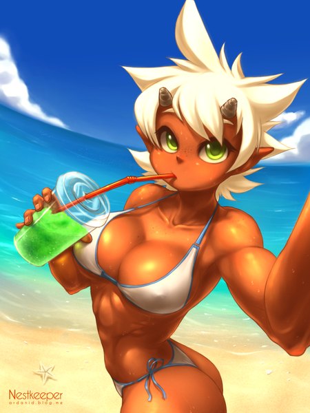 Anime picture 768x1024 with original gabi (nestkeeper) nestkeeper single tall image fringe short hair breasts light erotic large breasts green eyes white hair horn (horns) pointy ears beach dark skin sand drinking girl swimsuit