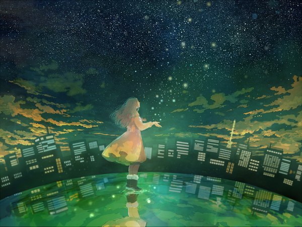 Anime picture 1900x1425 with original pon-marsh single long hair highres brown hair sky cloud (clouds) city reflection girl water boots star (stars) coat fireflies