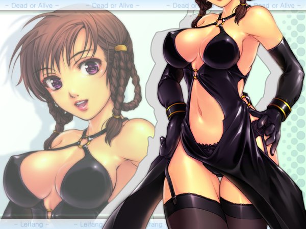 Anime picture 1024x768 with dead or alive lei fang yoko juusuke breasts open mouth light erotic brown hair purple eyes braid (braids) wallpaper huge breasts twin braids zoom layer wide hips thighhighs gloves navel underwear panties elbow gloves