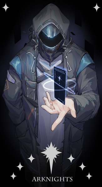 Anime picture 2247x4134 with arknights doctor (arknights) kotatsu kaya single tall image highres standing open jacket copyright name hand in pocket ambiguous gender jacket hood mask card (cards) tarot