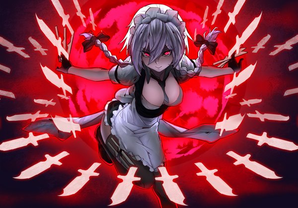 Anime picture 2000x1402 with touhou izayoi sakuya heihei de hei yan long single long hair looking at viewer fringe highres breasts light erotic red eyes large breasts cleavage silver hair bent knee (knees) braid (braids) pink eyes from above light smile wind