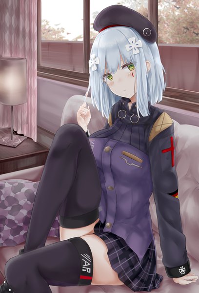 Anime picture 3200x4700 with girls frontline hk416 (girls frontline) ru zhai single tall image looking at viewer blush fringe highres short hair breasts sitting holding green eyes absurdres silver hair bent knee (knees) indoors long sleeves head tilt