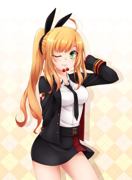 Anime picture 1000x1355 with original helther single long hair tall image looking at viewer blonde hair white background green eyes ponytail one eye closed wink girl skirt uniform bow hair bow necktie fruit cherry