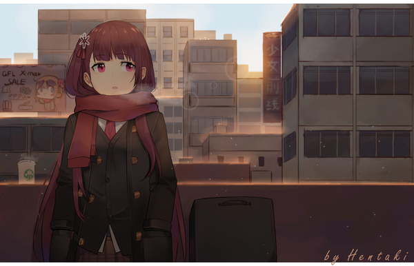 Anime-Bild 1154x744 mit girls frontline wa2000 (girls frontline) kalina (girls frontline) hentaki single long hair fringe open mouth brown hair standing signed payot looking away sky upper body outdoors blunt bangs pink eyes sunlight one side up