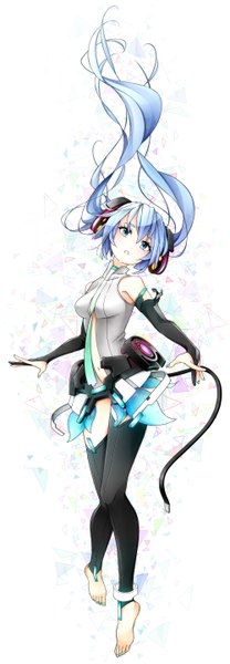 Anime picture 2000x5745 with vocaloid vocaloid append hatsune miku hatsune miku (append) yosida single long hair tall image highres blue eyes simple background white background twintails blue hair girl skirt detached sleeves necktie headphones toes