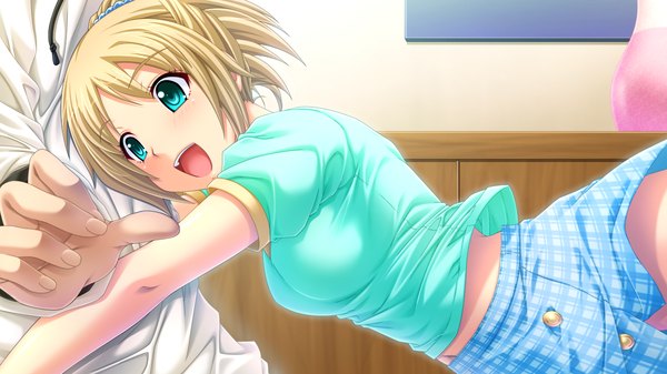 Anime picture 1280x720 with dekakute ecchi na ore no ane short hair open mouth blue eyes blonde hair wide image game cg girl skirt miniskirt