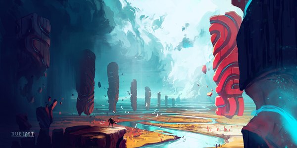 Anime picture 1600x800 with duelyst anton fadeev single wide image standing sky wind copyright name silhouette river warrior ambiguous gender concept art animal bird (birds) stone (stones)