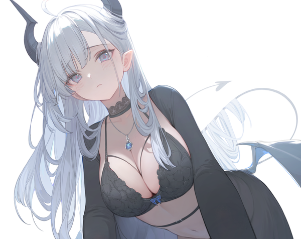 Anime picture 1444x1146 with original thea (nekojira) nekojira single long hair looking at viewer blush fringe blue eyes light erotic simple background white background silver hair ahoge tail blunt bangs pointy ears from below demon girl on all fours