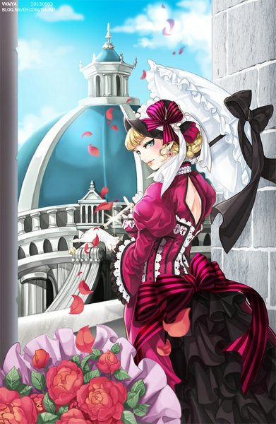 Anime picture 650x997 with original bbbox (hotpppink) single tall image short hair blue eyes blonde hair standing sky cloud (clouds) looking back lips from behind girl dress gloves flower (flowers) bow hair bow hat