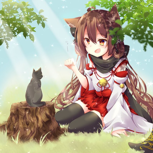 Anime picture 3200x3200 with original amane tari single long hair fringe highres open mouth brown hair sitting brown eyes animal ears absurdres traditional clothes japanese clothes pleated skirt sunlight wide sleeves sparkle zettai ryouiki happy