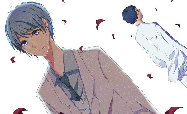 Anime picture 1000x610 with kuroko no basket production i.g kuroko tetsuya aomine daiki usoyana short hair blue eyes black hair wide image white background blue hair multiple boys boy uniform school uniform petals serafuku necktie 2 boys