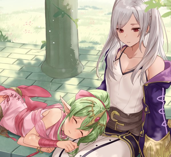 Anime picture 932x858 with fire emblem fire emblem awakening fire emblem: mystery of the emblem nintendo robin (fire emblem) robin (fire emblem) (female) tiki (fire emblem) tiki (young) (fire emblem) haru (nakajou-28) long hair fringe smile red eyes sitting twintails multiple girls silver hair outdoors ponytail lying