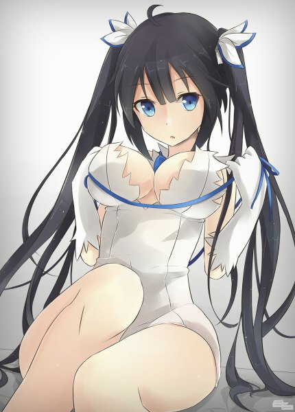 Anime picture 860x1200 with dungeon ni deai wo motomeru no wa machigatteiru darou ka j.c. staff hestia (danmachi) jenson tw single tall image looking at viewer blush fringe breasts open mouth blue eyes light erotic black hair simple background large breasts sitting twintails signed cleavage