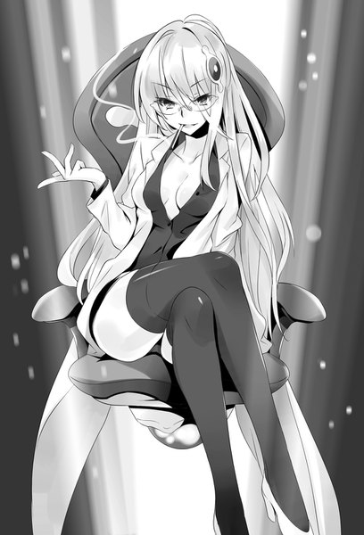 Anime picture 1046x1536 with isekai wa smartphone to tomo ni. regina babylon usatsuka eiji long hair tall image looking at viewer breasts open mouth light erotic smile large breasts sitting cleavage full body bent knee (knees) long sleeves arm up official art crossed legs monochrome