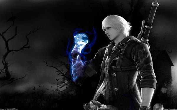 Anime picture 1680x1050 with devil may cry capcom nero (devil may cry) single short hair blonde hair wide image white hair profile realistic black background boy plant (plants) sword tree (trees) cloak huge weapon house huge sword