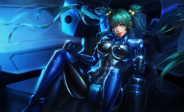 Anime picture 4857x2964 with muv-luv alternative muv-luv cui yifei renaillusion single fringe highres light erotic smile hair between eyes wide image sitting twintails payot looking away absurdres very long hair parted lips aqua eyes green hair